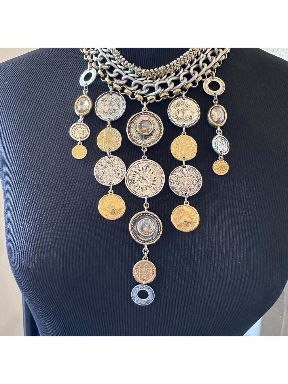 Chico's Coin Necklace Multi Strand Chunky Statement Choker Silver Gold Tone EUC - Picture 2 of 8